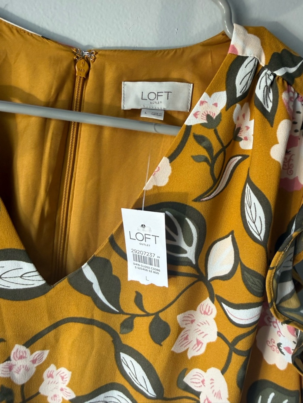 NEW Loft Floral V-Neck Drawstring Dress Yellow Pink Green Print Size L - Picture 3 of 9